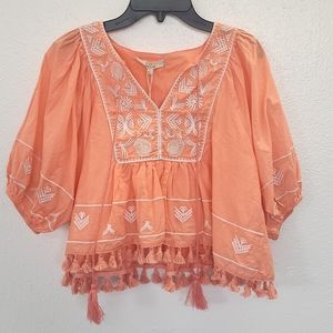 Ruff Sleeve Embroidered Blouse with tassels